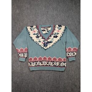 Vintage Paris Sport Club Sweater Medium Floral Knit‎ V Neck Granny Core Cottage